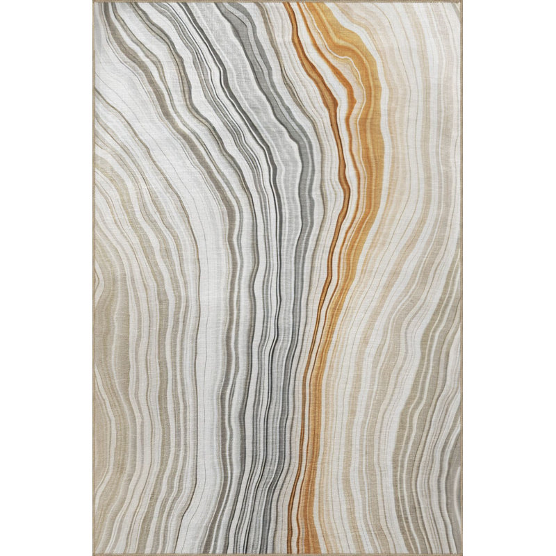 Tapis beige lavable à la machine à motif de rayures ondulées multicolores
