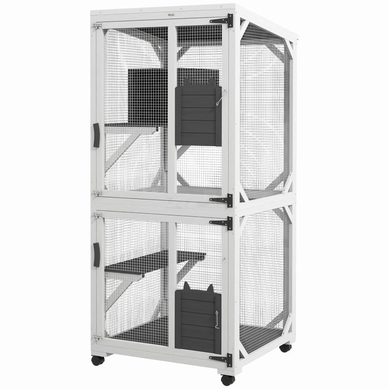 Catio en bois avec toit imperméable, spacieuse enceinte intérieure et extérieure pour 1 à 3 chats, boîte de repos surélevée et roues