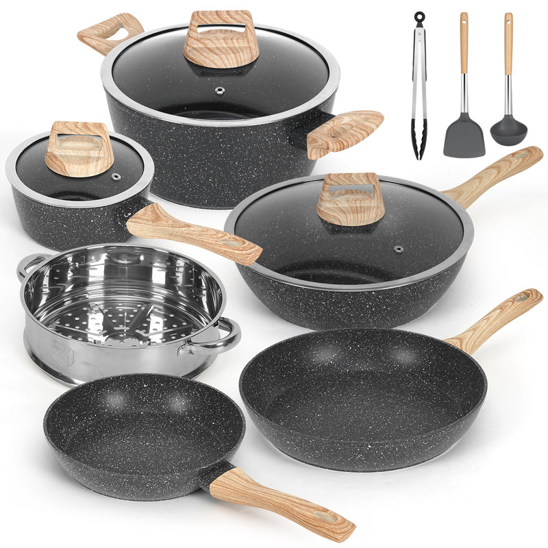 Ensemble de 12 casseroles et poêles 12 pièces, batterie de cuisine antiadhésive, batterie de cuisine à induction en granite, ensemble de cuisine de cuisine antiadhésif non toxique avec casseroles à frire, casseroles, cuiseur à vapeur (sans PFAS, PF