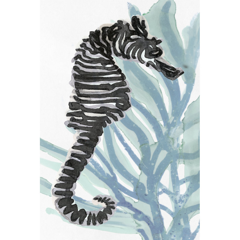 Zebra Seahorse I - Painting on Canvas, 122cm H x 81cm W, Black Floater Framed