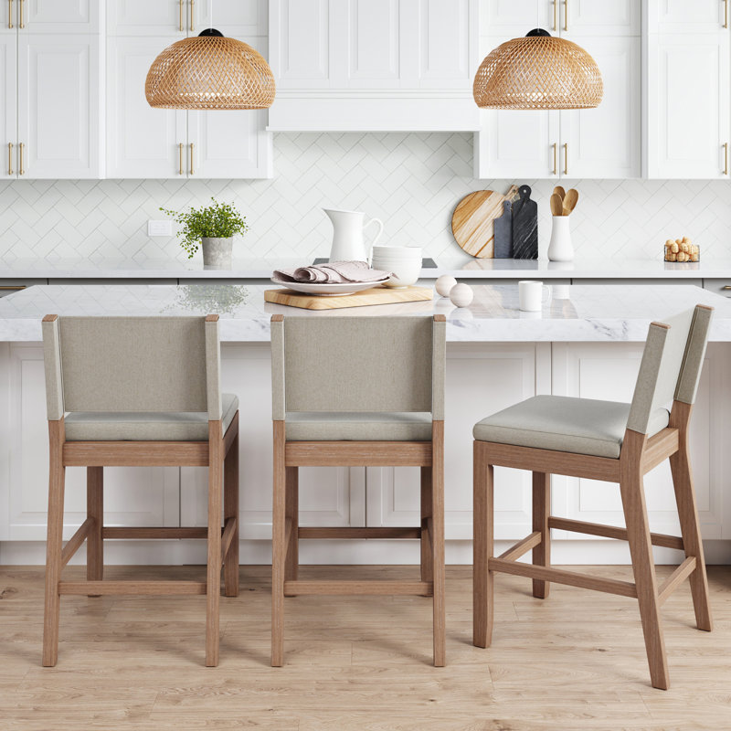 Wood Upholstered Sling Back Counter Stool, Natural Flax, Counter Stool (24" Seat Height), 1