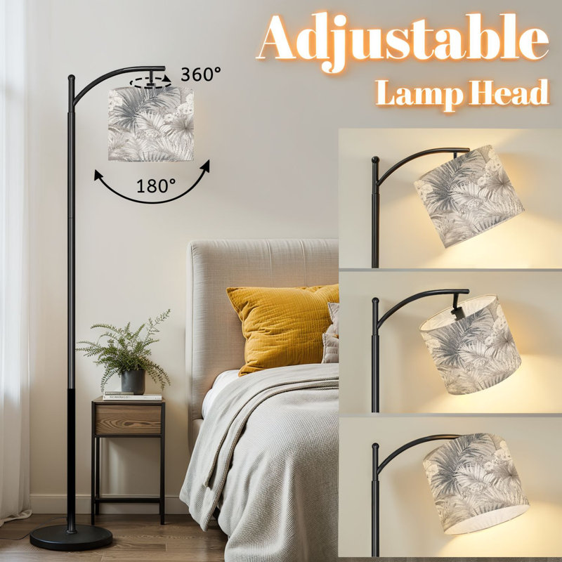 Arc Floor Lamp with Adjustable Lampshade Botanical Palm Leaves Floral vintage Standing Lamp 3 Color Temperatures Dimmable Tall Pole Lamp with Foot Switch for Bedroom
