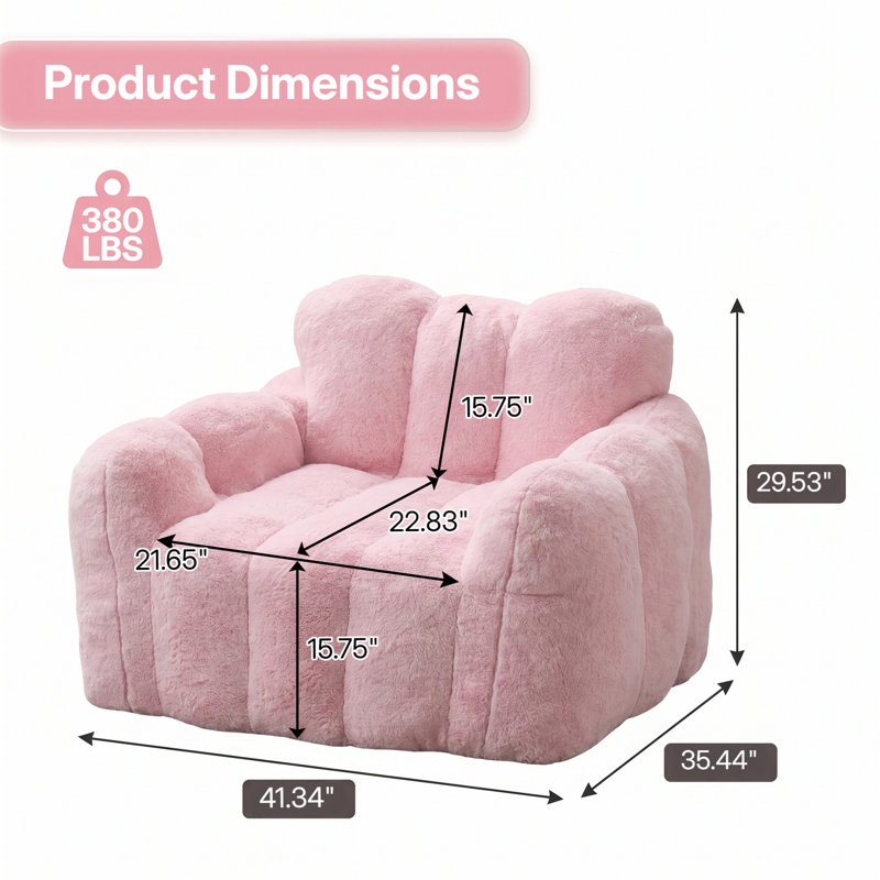 Canapé à une place Lotus. Fauteuil à billes en fausse fourrure avec tirettes. Aucun assemblage requis, rose., Rose