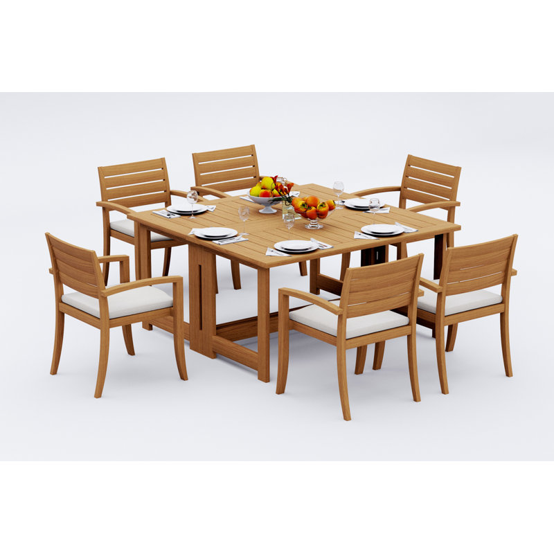 6 Seats 7 Pcs Grade-A Teak Wood Dining Set: 60" Square Rectangle Butterfly Table And 6 Travota Stacking Arm Chairs #11TV1406