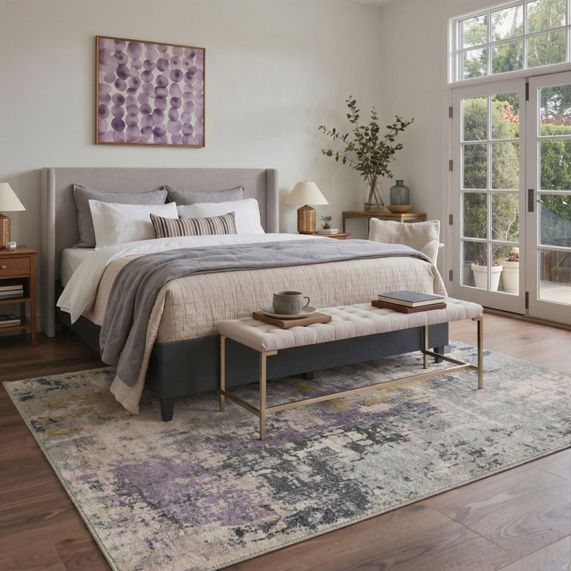Art Abstract Painterly Strokes Machine Washable Misty Lavender Indoor Area Rug With Non-Slip Backing, Rectangle 5' x 7'