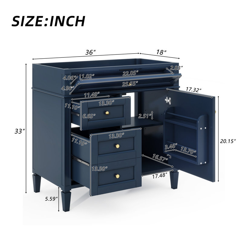 '' Modern Bathroom Vanity With 2 Drawers And Tip-out Drawer, Solid Wood Frame - No Basin Sink