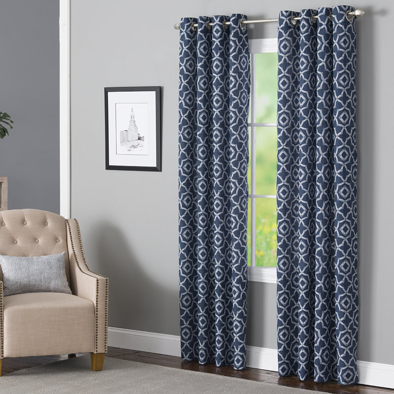Ralon Polyester / Linen Light-Filtering Geometric Print Curtain Panel with Grommet Top, 50" x 63", Navy/Ivory