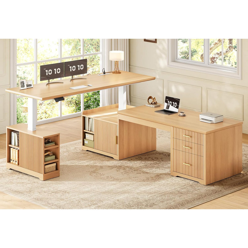 Bureau assis-debout électrique en forme de L de style ferme de 23,6 po de profondeur, Desktop Depth: 23.6", Oak