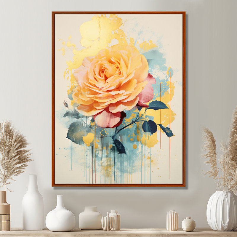 Jaune jaune, rose, rétro, art mural, salon, Toile avec cadre flottant brun, H 20 po x l 12 po x P 1 po