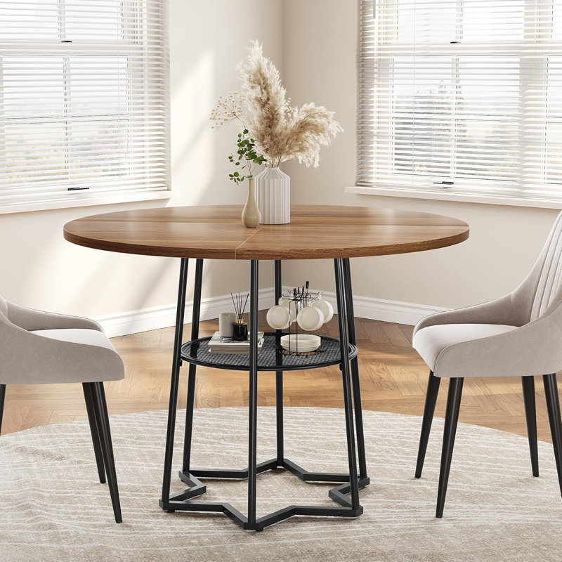 Table de salle à manger 38,6 po ronde en bois avec base hexagonale et filet de rangement central, Brun