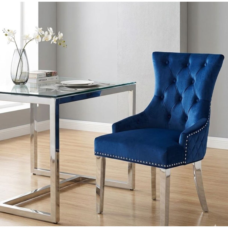 Duthill Tufted Velvet Upholstered Side Chair, Blue