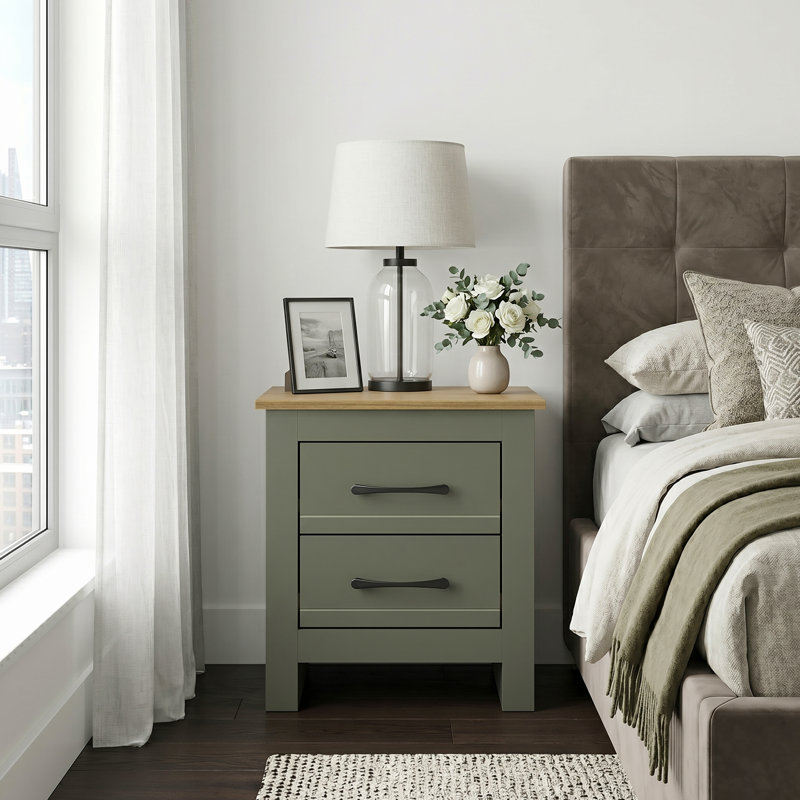 Limestone 2 Drawer Bedside Table, Kale Green/Reviera Eichi