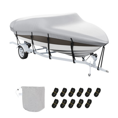 Housse de bateau, 4,27 m à 4,88 m, imperméable et transportable sur remorque, en tissu Oxford PU 600D de qualité marine, conçue pour les bateaux à coque en V, à coque trimaran, de pêche et de ski nautique, les runabouts et les bateaux de pêche à l'achigan, grise, avec housse de moteur et sangles à boucle.