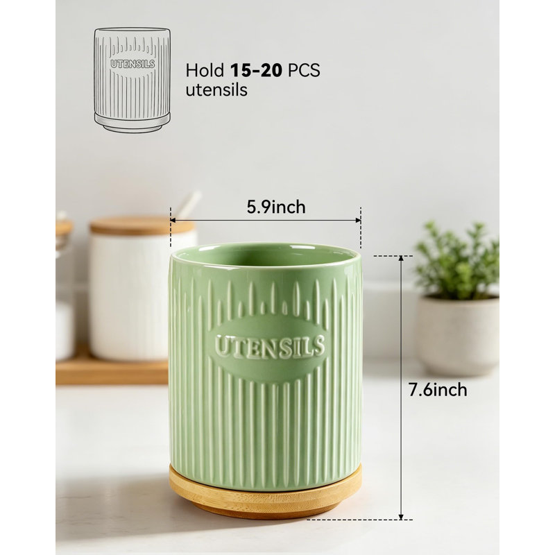 Porte-ustensiles de cuisine pivotant sur 360 °, grand porte-ustensiles de cuisine en céramique 7,6 po pour comptoir avec base en bambou rotatif, pot à ustensiles de cuisine stable, vert