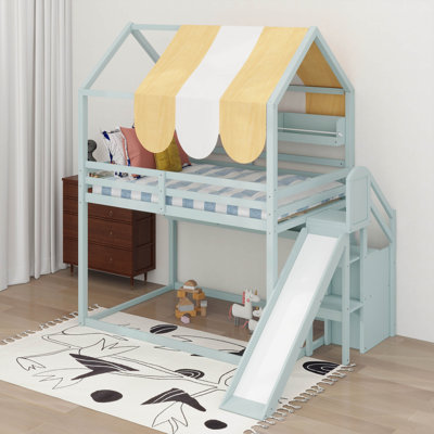 Full Size House Loft Bed With Slide, Wooden House Bed Frame With Canopy & Storage Shelves
