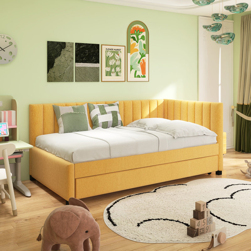 Upholstered Daybed With Trundle Sofa Bed Frame, Twin, Yellow