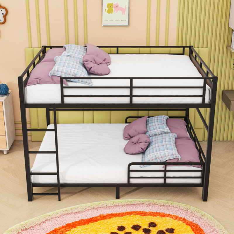 Metal Bunk Bed With Safety Rai, Walnut, Queen Over Queen