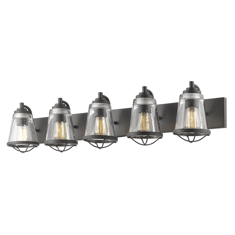 Akshay 5-Light Dimmable Steel Vanity Light with Seeded Glass, Bronze