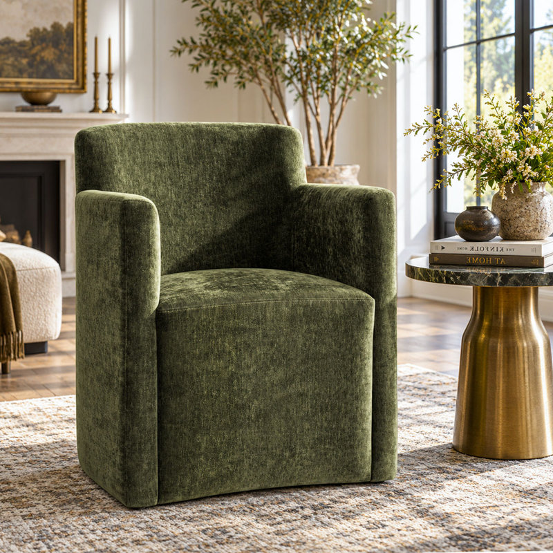 Fully Upholstered Chenille Accent Armchair with Hidden Casters, Green