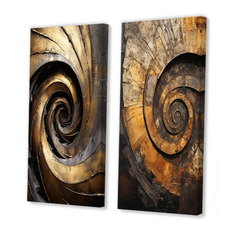 «Gold Black Timeless Turn - Abstract Spirals», ensemble de 2 reproductions d'art sur toile, H 28 po x l 25 po, Toile tendue