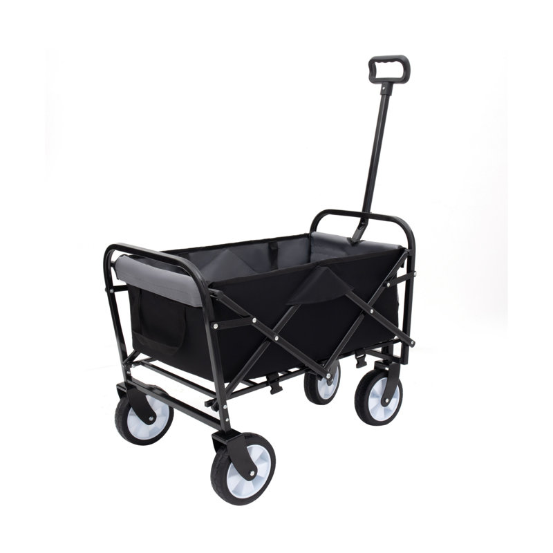 Poussette pliable à 4 roues Chariot de plage Chariot d'épicerie pour camping Sac / housse en plastique 3 pièces, Noir