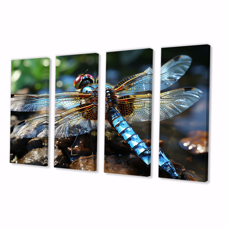 «Blue Fluttering Dragonfly I» - ensemble d'art mural 4 pièces libellule, H 28 po x l 48 po