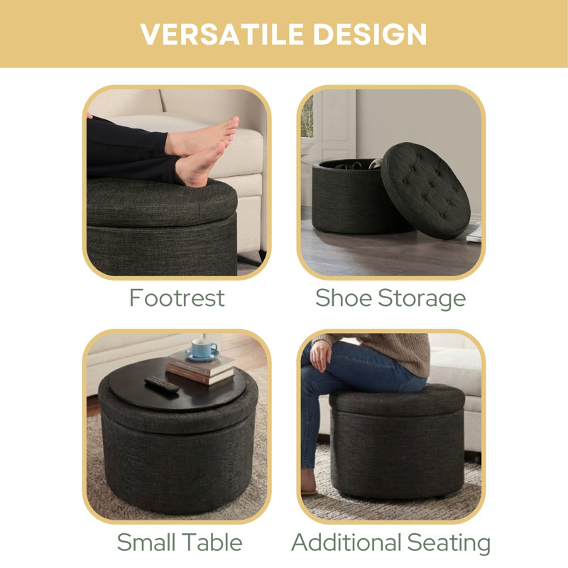 Stansell 22" Wide Tufted Round Storage Ottoman, Dark Charcoal Gray Linen