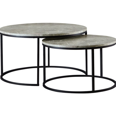 Round Nesting Coffee Table , Two - Piece Grey Faux Marble, Gunmetal Frames, 35X35x19.5 Inches, Functional For Compact Living Areas With Marble Tops And Support, Design, 35 Inches Wide, Deep, 19.5