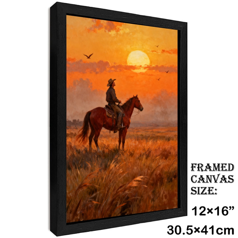 «Black Cowboy Vintage» chevauchant un cheval et appréciant le coucher du soleil, impressions sur toile de style rétro