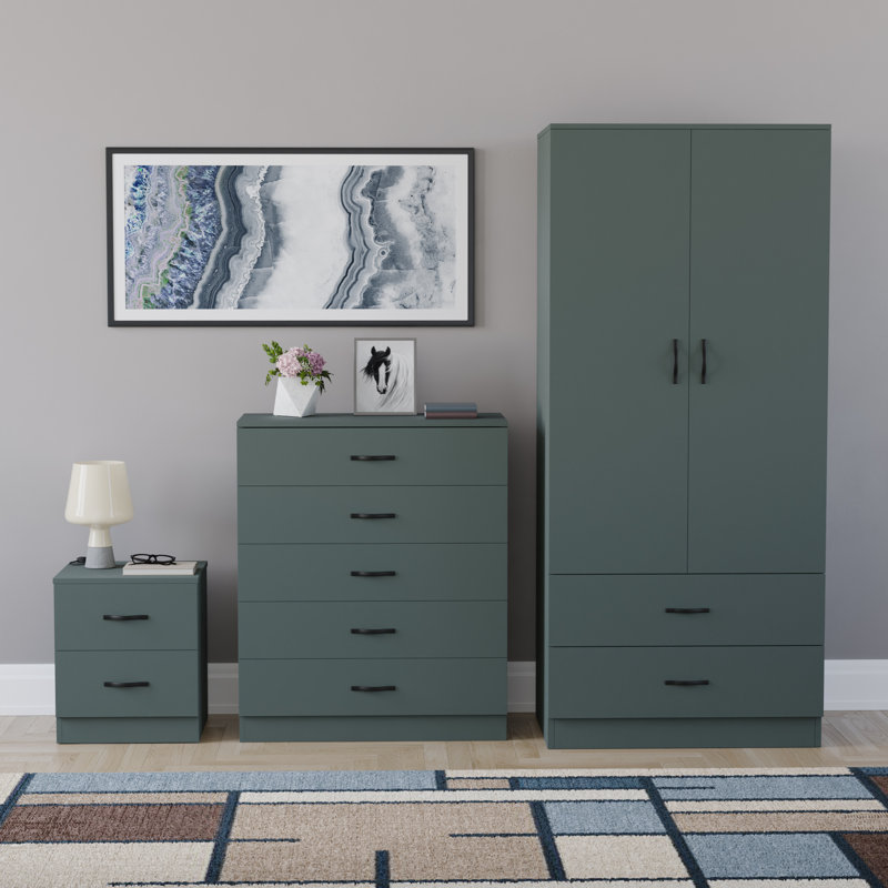 Maybery 3 Piece Bedroom Set (2 Drawer Bedside Chest, 5 Drawer Chest, 2 Door 2 Drawer Wardrobe), (4), Green