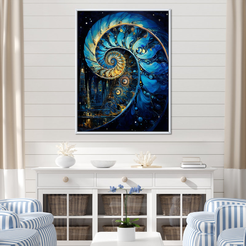 Nautilus, saphir, coquillages sur toile, H 44 po x l 34 po x P 1,5 po, Cadre flottant blanc