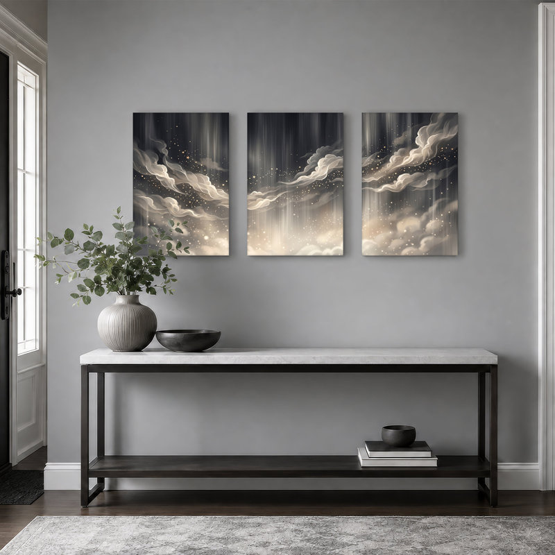 Étoiles dorées et nuages tourbillonnants, ensemble de 3 toiles abstraites, H 24 po x l 16 po x 3 pièces