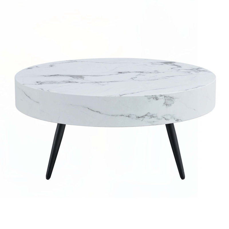 31.5" Round Mid-Century Modern Coffee Table, Natural Wood Top with Black Metal Hairpin Legs, White