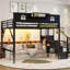 Lit mezzanine classique grand noir classique, structure en métal avec garde-corps en forme de maison, escalier intégré et garde-robe pour les enfants adolescents