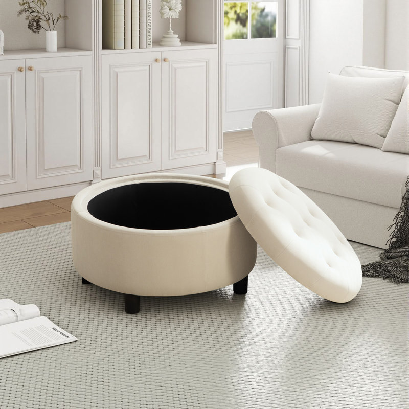 Upholstered Round Ottoman With Reversible Lid, Beige