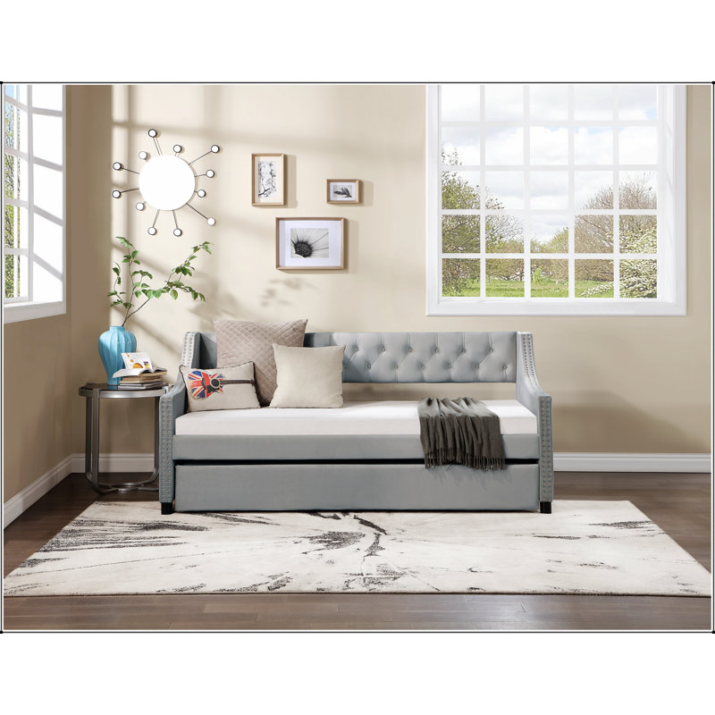 Upholstered Twin Daybed with Trundle – Tufted Button Back, Copper Nail Arm Trim – Sturdy Wood Frame, No Box Spring Needed (Mattress Not Included)