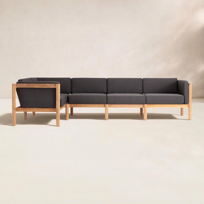 Haven Teak Outdoor Sectional With Sunbrella Cushions In Graystone, Sunbrella Coal, 5