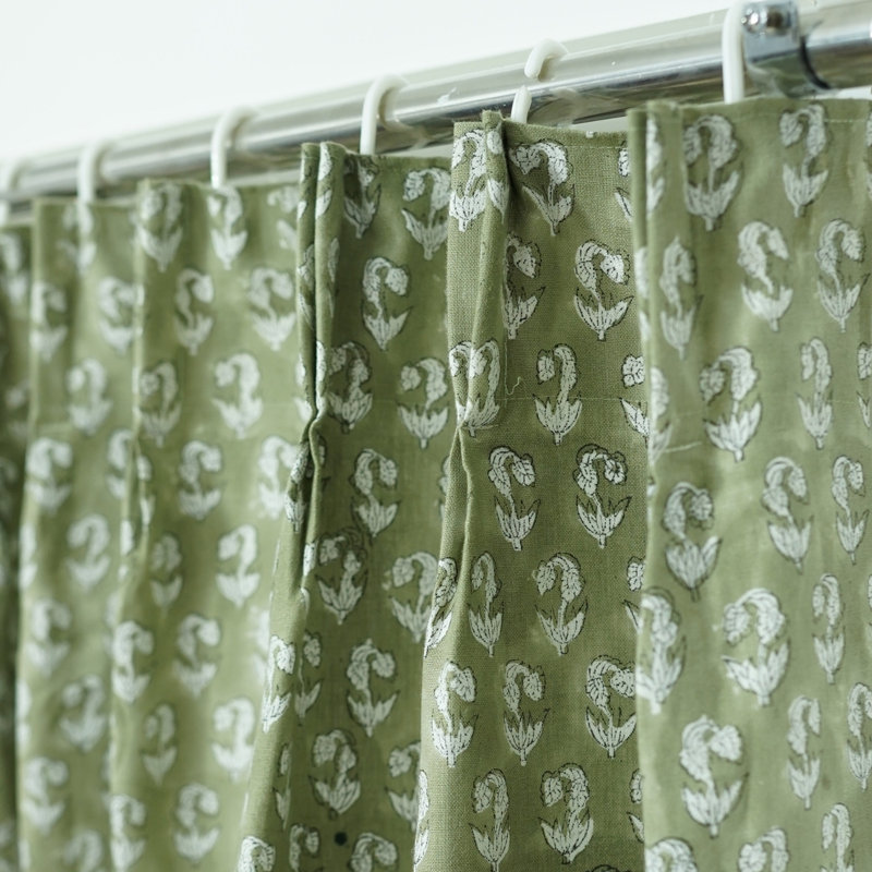 Fabdivine Soft Cozy Pure Linen White Sage Green 27x89 Inches Handmade Block Print 2 Panel Set Summer or Spring, Kitchen Window Pinch Pleated Hook Curtains Farmhouse Floral Pattern, Superstar
