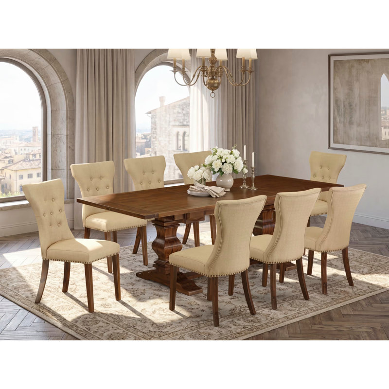 9 Piece Dining Table Set Includes a Rectangle Kitchen Table with Removable Leaf and 8 Brown Linen Fabric Parson Dining Chairs, Antique Walnut