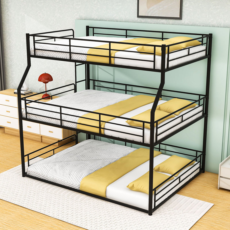 Triple Metal Bunk Bed with Safety Guardrails, Noise-Minimized Structure, Full XL Over Queen Over Queen, Black