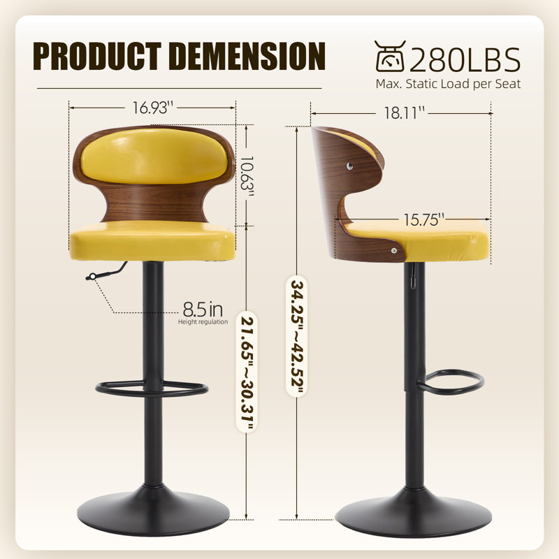 Swivel PU Leather Adjustable Height Bar Stool, Yellow