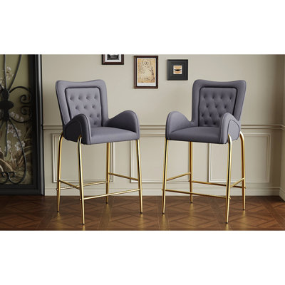 Of 2 28.75inch Counter Height Bar Stools, Grey Velvet, Golden Metal Legs And Footrest, Construction, 265 Lbs Weight Capacity, Back For A Stylish Edge 2 Velvet Seat, Frame, Luxury