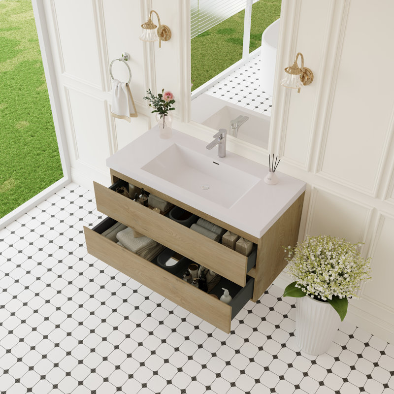 42" Floating Bathroom Vanity Modern Wall-Mounted Single Vanity with Integrated Resin Top, 2 Soft Close Drawers, Full Assembly, Natural Oak