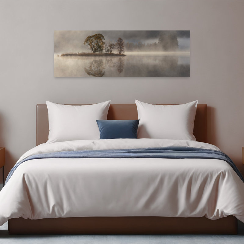 «Misty Lake Island Ethereal Peaceful Serene Autumn Landscape», art mural, H 48 po x l 16 po