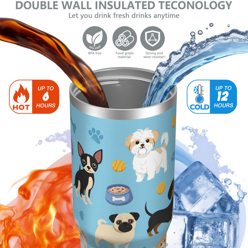Gobelet 30 oz avec couvercle et poignée Gobelets isothermes en acier inoxydable Bouteille d'eau mignonne avec rabat (chien)