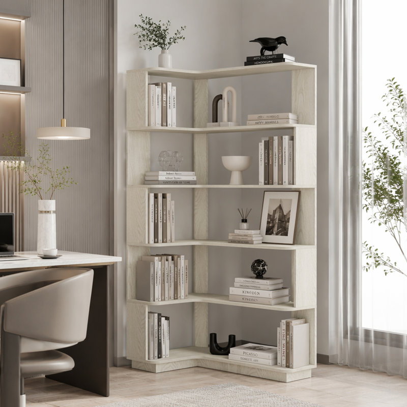 Bibliothèque de coin en L à 5 niveaux avec panneau anti-chute et dispositif de basculement pour bureau à domicile et salon