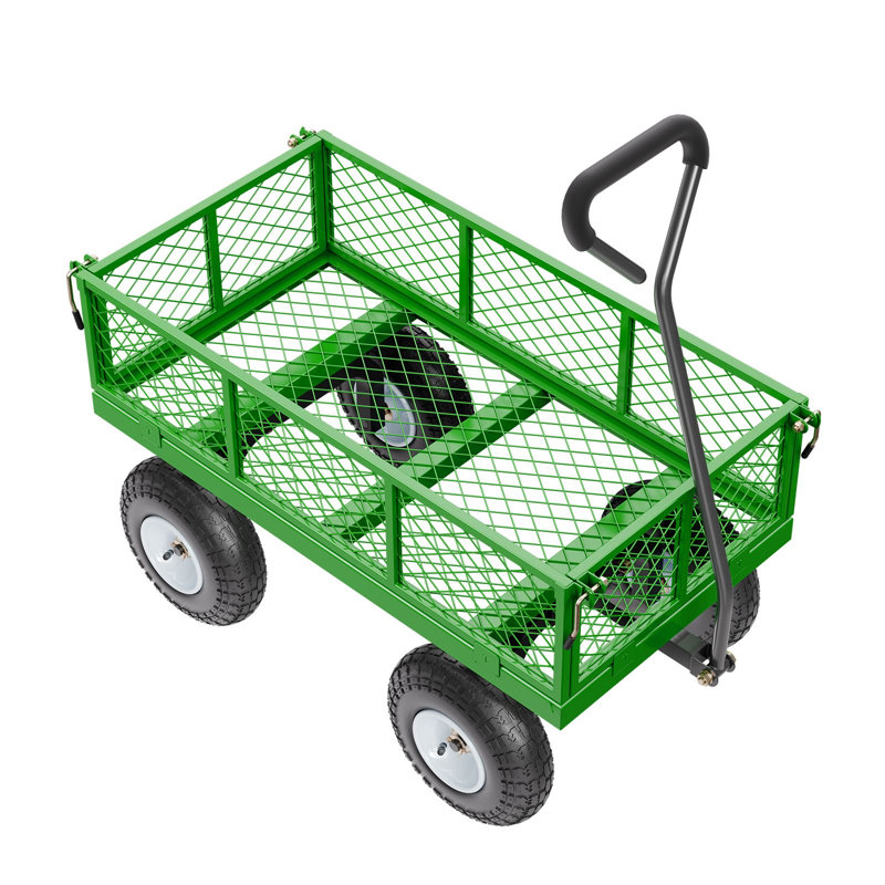Chariot de jardin en acier 680 lb, 3,33 pieds cubes, structure en acier, 1 pièce, chariot utilitaire, vert, pneus en caoutchouc de 10 po et côtés amovibles