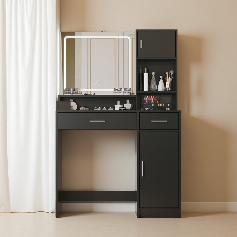 Bureau de coiffeuse avec miroir et bande lumineuse à DEL, coiffeuse avec grand tiroir, commode de rangement à 3 niveaux et 3 modes d'éclairage à luminosité réglable, convient à la chambre à coucher