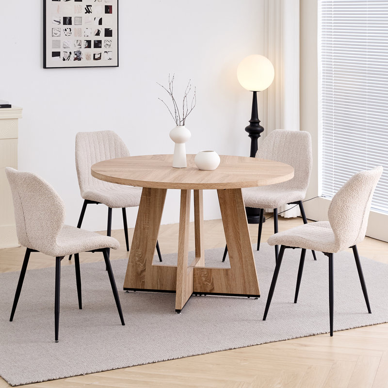 5 Piece 47'' Round Dining Table Set For 4, Farmhouse Kitchen Table With 4 Boucle Modern Dinning Room Chairs, Beige/Black