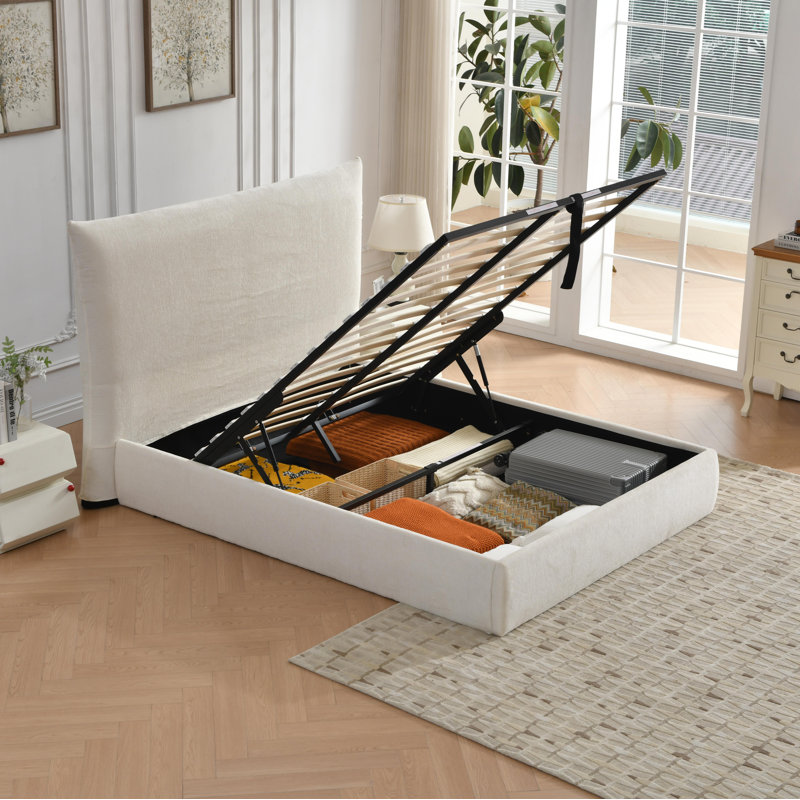 Hydraulic Lift Up Upholstered Storage Bed, White, Queen